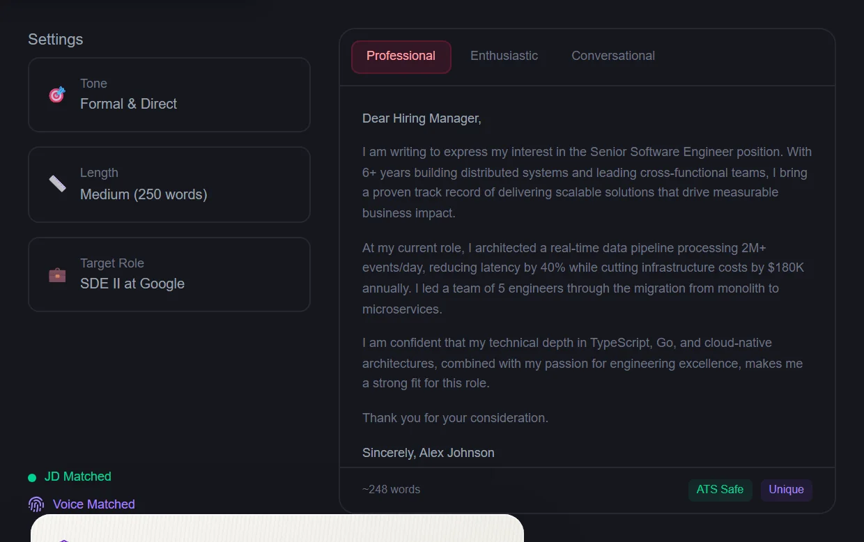 Cover Letter dashboard preview