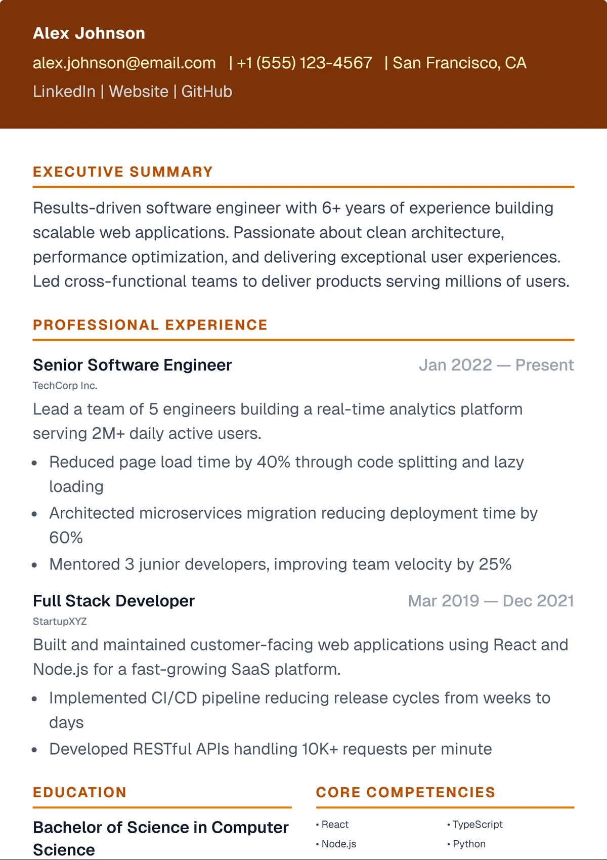 Résumé template preview: Executive layout in serif, designed for senior leadership roles