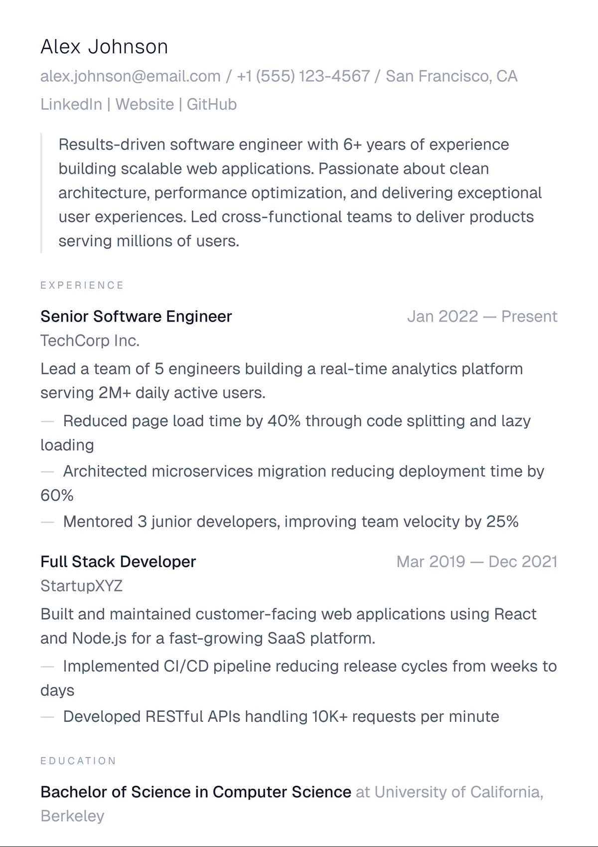 Résumé template preview: ATS-minimal layout, single column, sans-serif typography