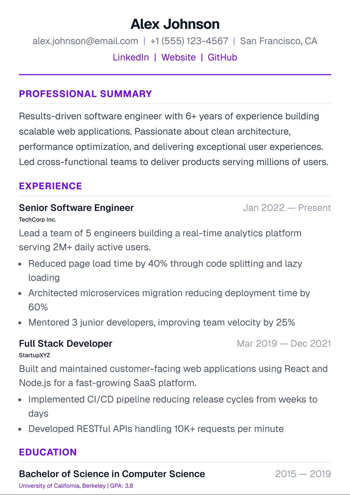 Résumé template preview: Modern layout with sidebar accents and recruiter-tested hierarchy